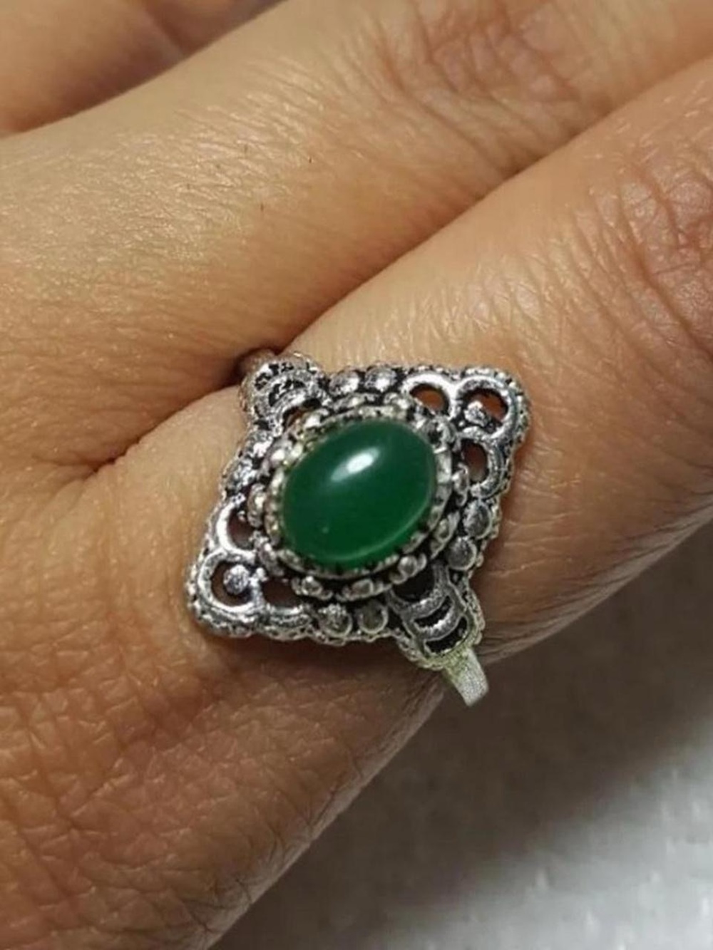 925 Silver Green Onyx Ethnic Cabochon Filigree Ring
